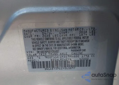 2016 Nissan Sentra Sr from USA, damaged, VIN 3N1AB7AP6GY265897